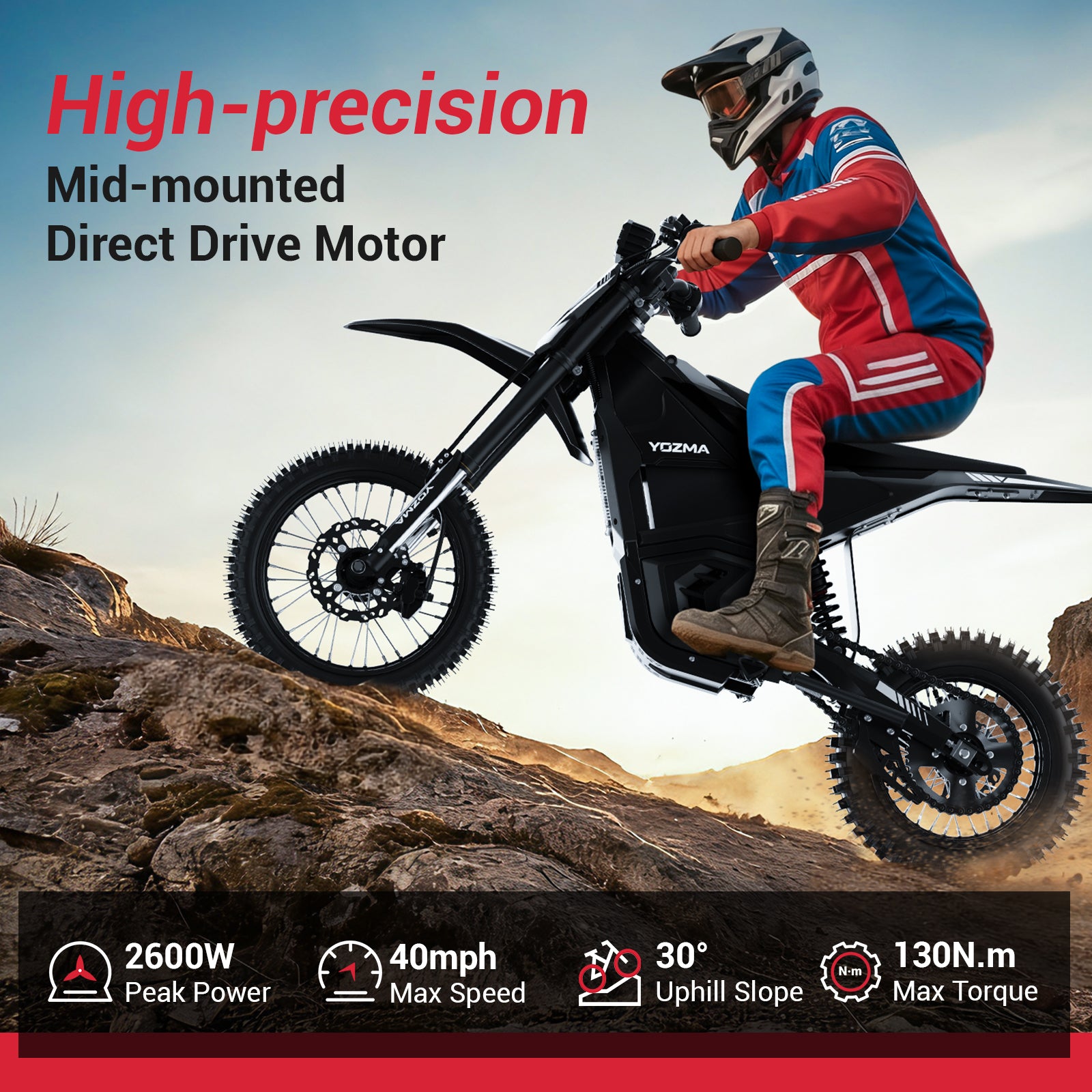 Yozma IN10 Electric Dirt Bike, 2600W Peak Motor Max 40 Mph , 48V 23Ah Battery, 14"/12" Tires, Dual Hydraulic Brakes, All Terrain Motorized Dirt Bikes