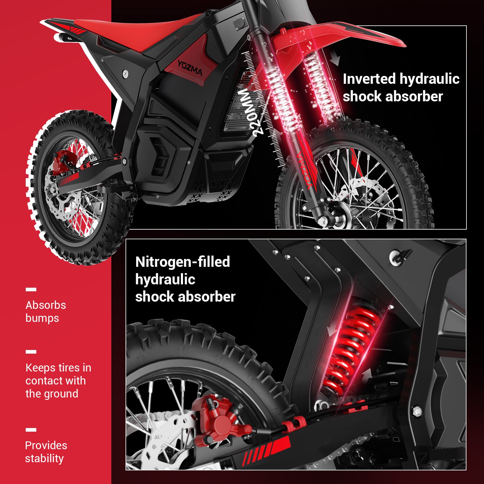 Yozma IN10 Electric Dirt Bike, 2600W Peak Motor Max 40 Mph , 48V 23Ah Battery, 14"/12" Tires, Dual Hydraulic Brakes, All Terrain Motorized Dirt Bikes