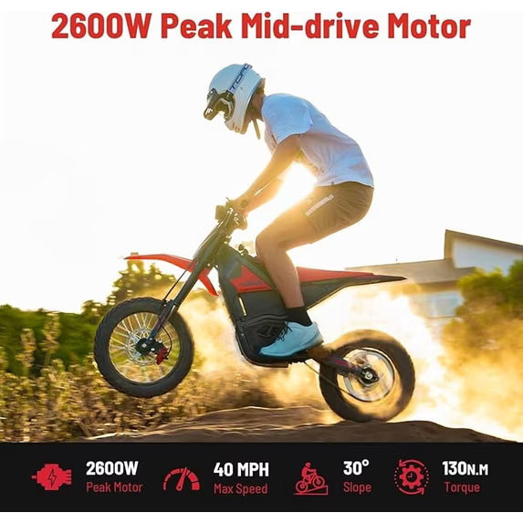 Yozma IN10 Electric Dirt Bike, 2600W Peak Motor Max 40 Mph , 48V 23Ah Battery, 14"/12" Tires, Dual Hydraulic Brakes, All Terrain Motorized Dirt Bikes