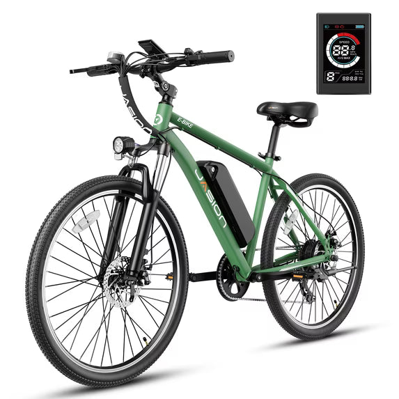 Jasion Electric Mountain Bike for Adults, 26" Tires, 350W Brushless Motor, 40 Miles Commuting Range, Front Fork Suspension, Shimano 7-Speed