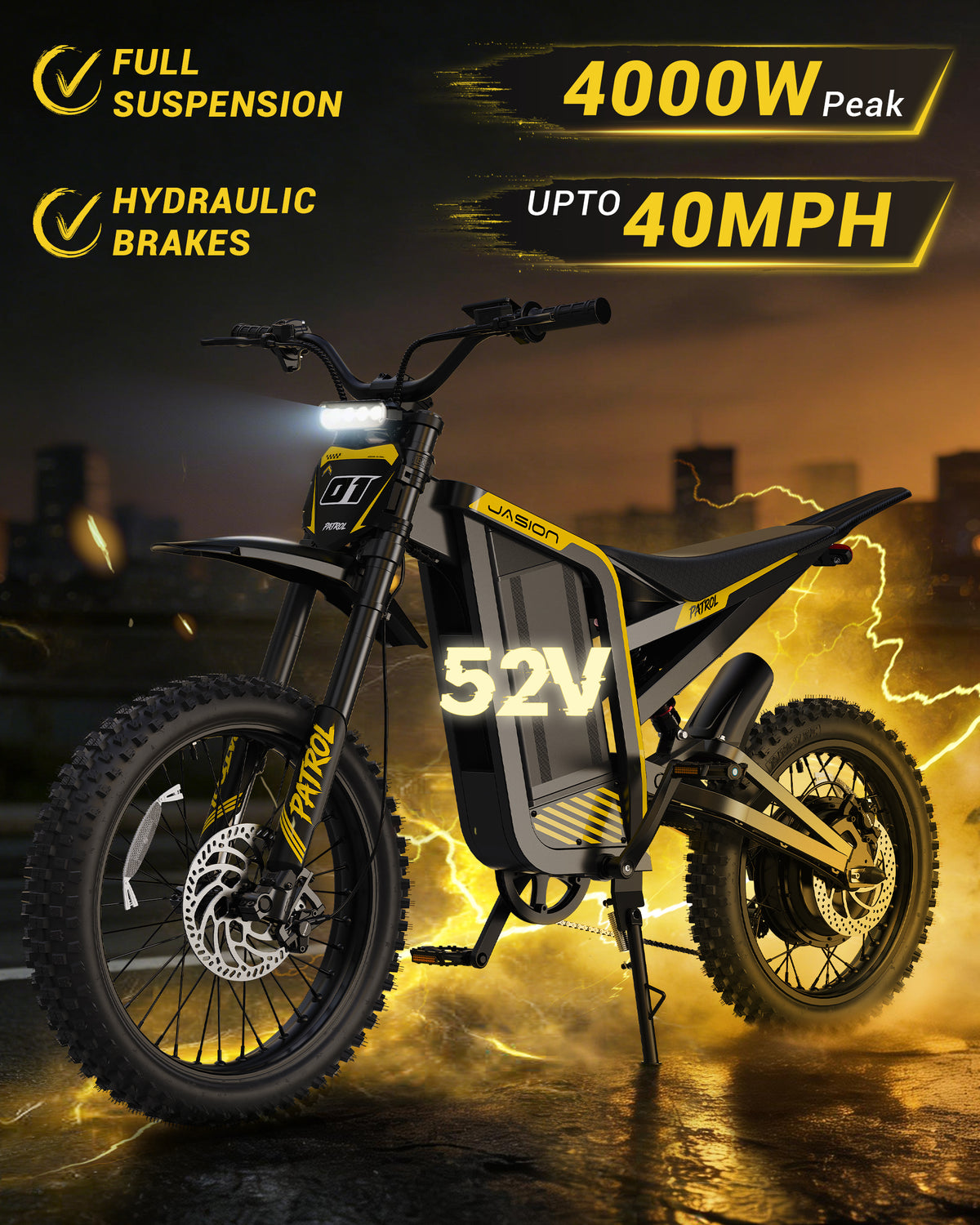 Jasion Patrol 52 Electric Dirt Bike for Adults 19"/17", 4000 Peak Motorcycle with 52V 30AH 1560Wh Battery, 50-Mile Range Fat Tire Electric Motorcycle, UL 2849