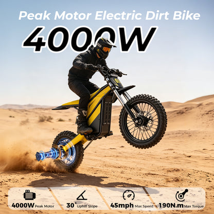 4000W Peak Motor Electric Dirt Bike, 52V 26Ah Battery Max 45 Mph Ebike , 14"/12" Tires, Dual Hydraulic Brakes, All Terrain Motorized Dirt Bikes