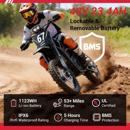 Yozma IN10 Electric Dirt Bike, 2600W Peak Motor Max 40 Mph , 48V 23Ah Battery, 14"/12" Tires, Dual Hydraulic Brakes, All Terrain Motorized Dirt Bikes