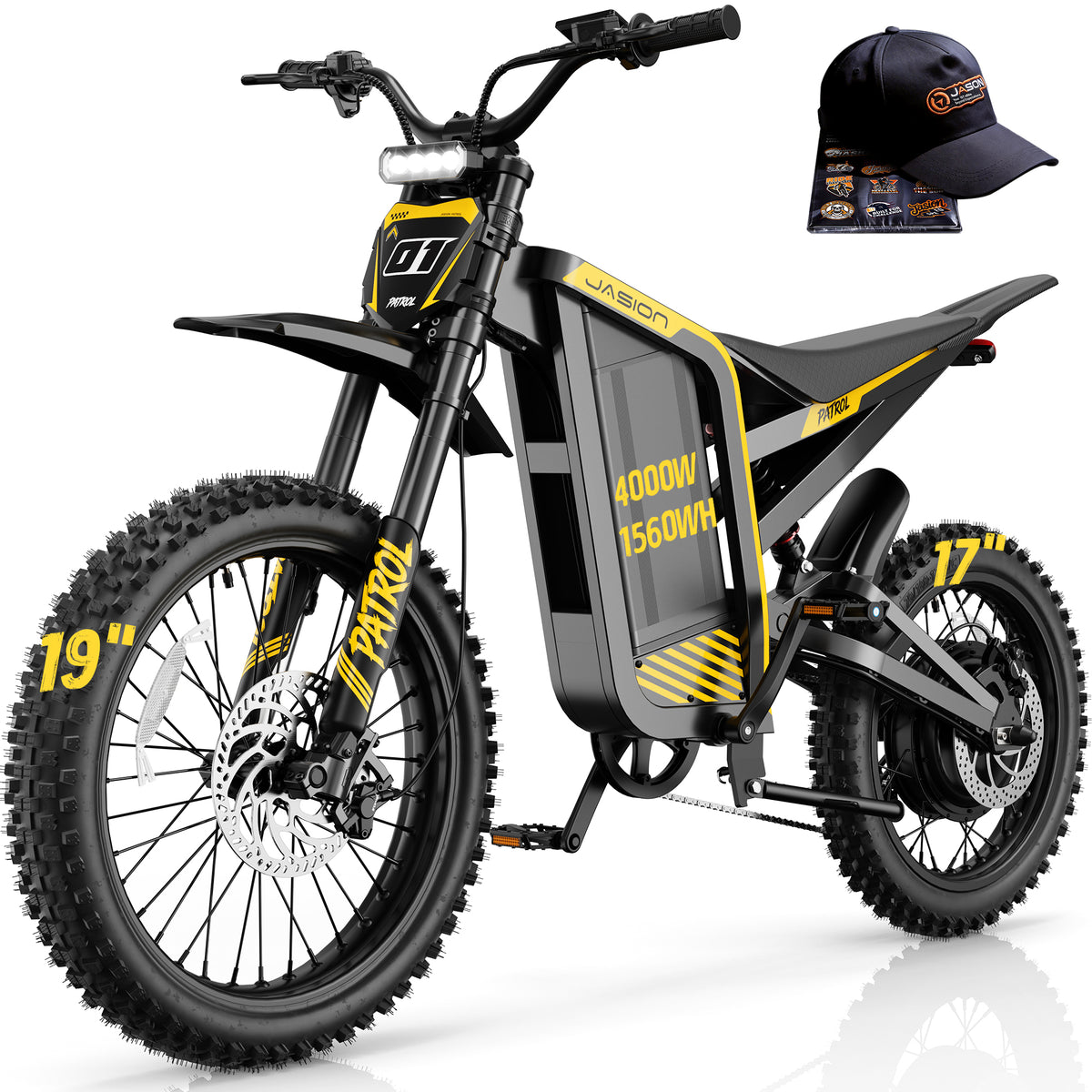 Jasion Patrol 52 Electric Dirt Bike for Adults 19"/17", 4000 Peak Motorcycle with 52V 30AH 1560Wh Battery, 50-Mile Range Fat Tire Electric Motorcycle, UL 2849