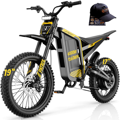 Jasion Patrol 52 Electric Dirt Bike for Adults 19"/17", 4000 Peak Motorcycle with 52V 30AH 1560Wh Battery, 50-Mile Range Fat Tire Electric Motorcycle, UL 2849