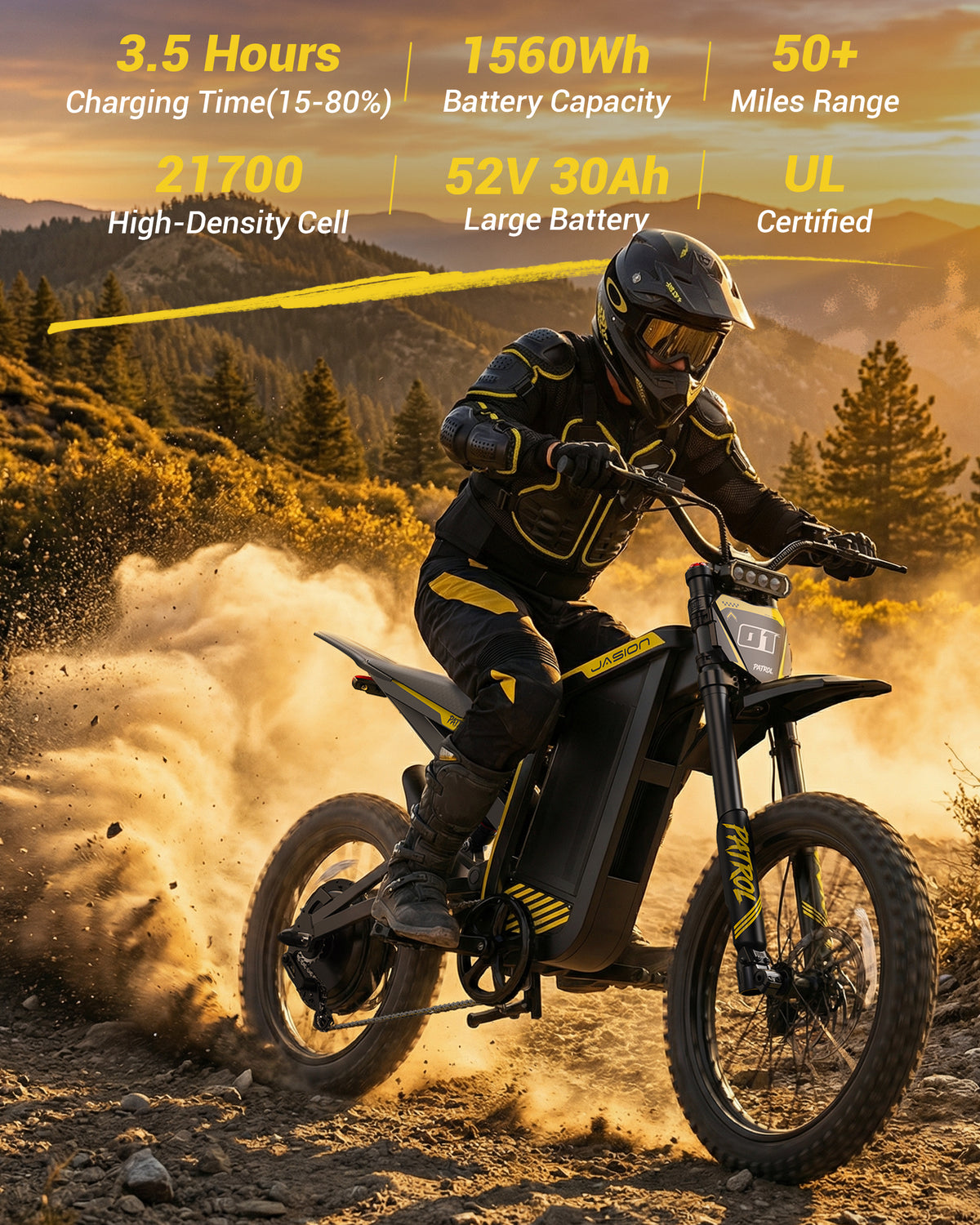 Jasion Patrol 52 Electric Dirt Bike for Adults 19"/17", 4000 Peak Motorcycle with 52V 30AH 1560Wh Battery, 50-Mile Range Fat Tire Electric Motorcycle, UL 2849
