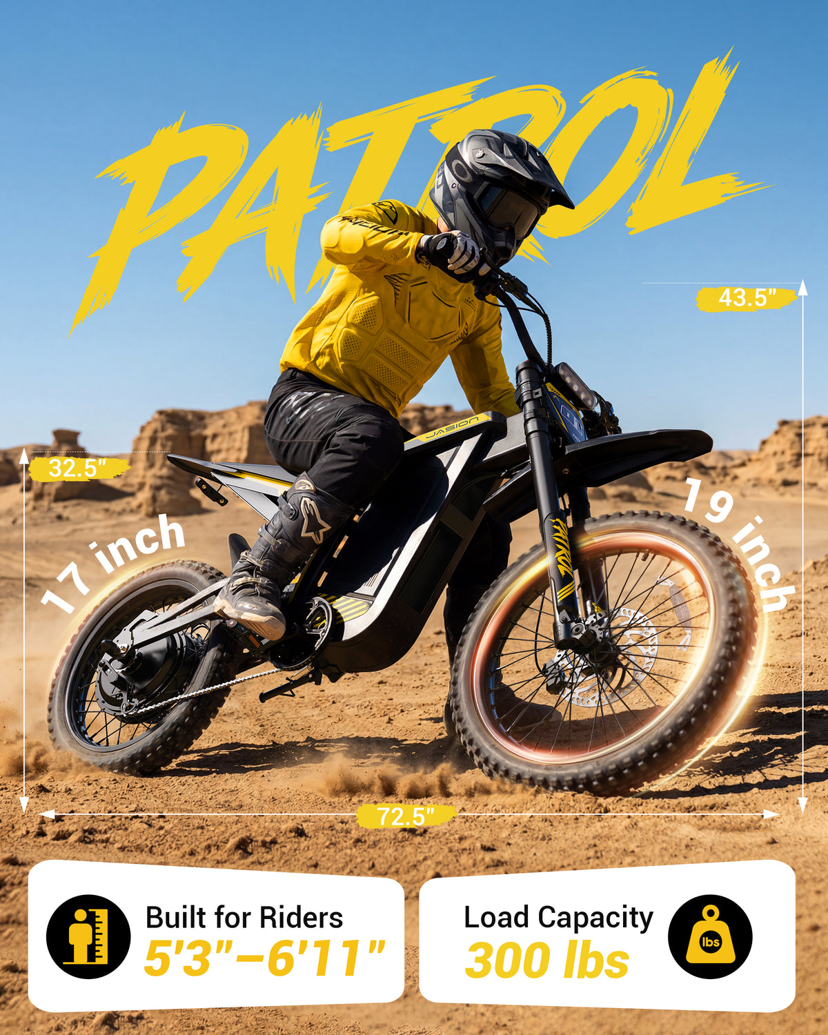 Jasion Patrol 52 Electric Dirt Bike for Adults 19"/17", 4000 Peak Motorcycle with 52V 30AH 1560Wh Battery, 50-Mile Range Fat Tire Electric Motorcycle, UL 2849