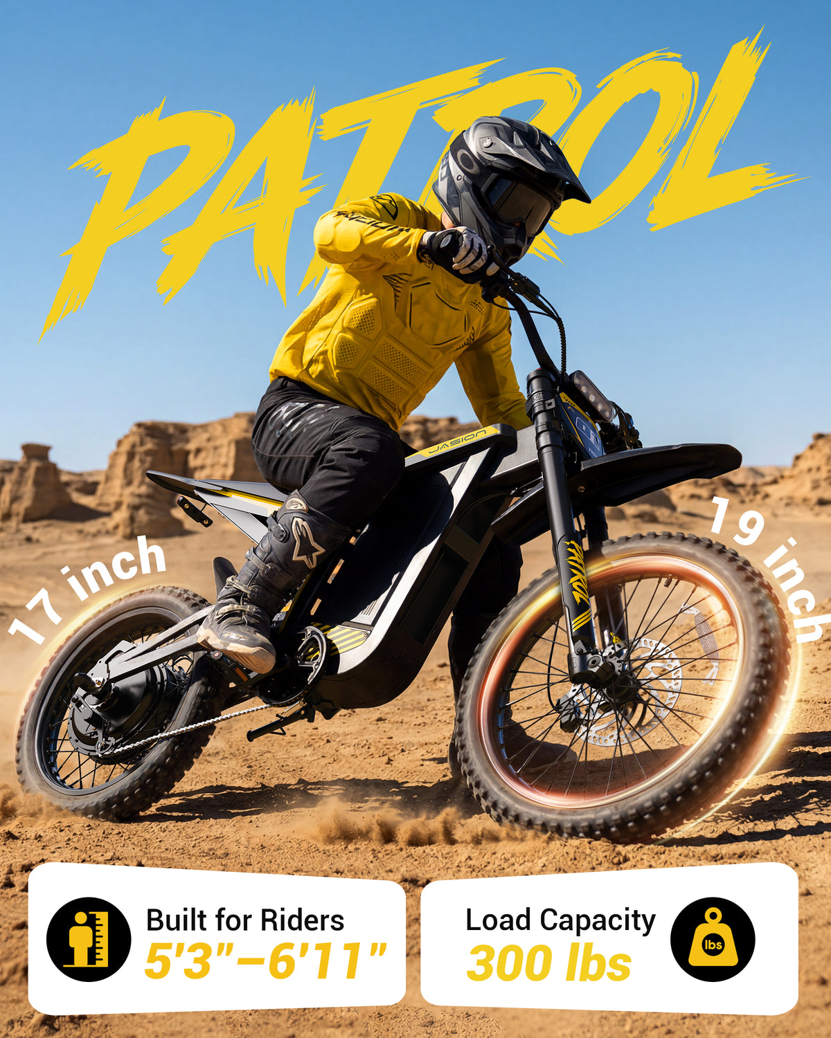 Jasion Patrol 52 Electric Dirt Bike for Adults 19"/17", 4000 Peak Motorcycle with 52V 30AH 1560Wh Battery, 50-Mile Range Fat Tire Electric Motorcycle, UL 2849