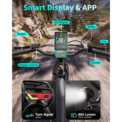 YareYi Electric Bike for Adults, 1500W Peak Motor 28 Mph, 48V 18Ah Removable Battery, 26'' x 4'' Fat Tire E-Mountain Bicycle, APP Control with Turn Signal, UL2849