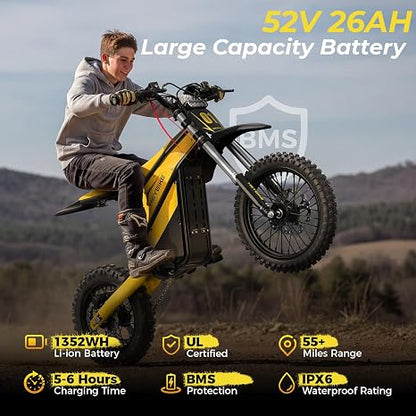 Electric Dirt Bike for Adults, 52V 26AH Battery Ebike, 14"/12" Fat Tire Electric Motorcycle for Teens, UL 2849