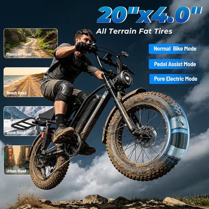 YareYi Electric Bike for Adults, 20 inch Fat Tire E Bike, 750W Electric Mountain Bicycle, 52V 20Ah Removable Battery UL2849