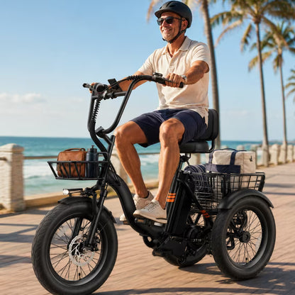 YareYi 3 Wheel Electric Bike for Adults, 500W Rated Foldable Electric Tricycle with Baskets, 18" Fat Tire E Trike with 48V 13Ah Battery, Up to 55 Mile, UL 2849 Certified, Black