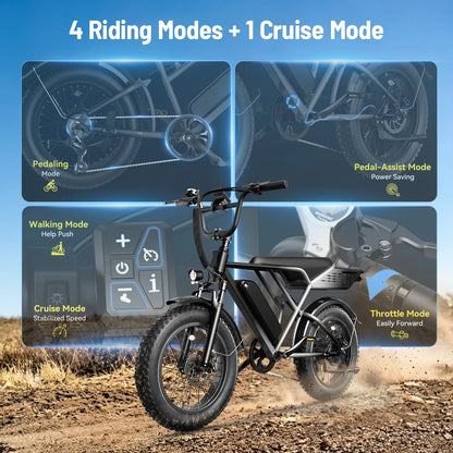 YareYi Electric Bike for Adults, 500W E-Mountain Bicycle, 20"x4" Fat Tire Ebike with Speedometer, 48V 624Wh Removable Battery 70Miles Range, 7 Speed and Full Suspension UL2849