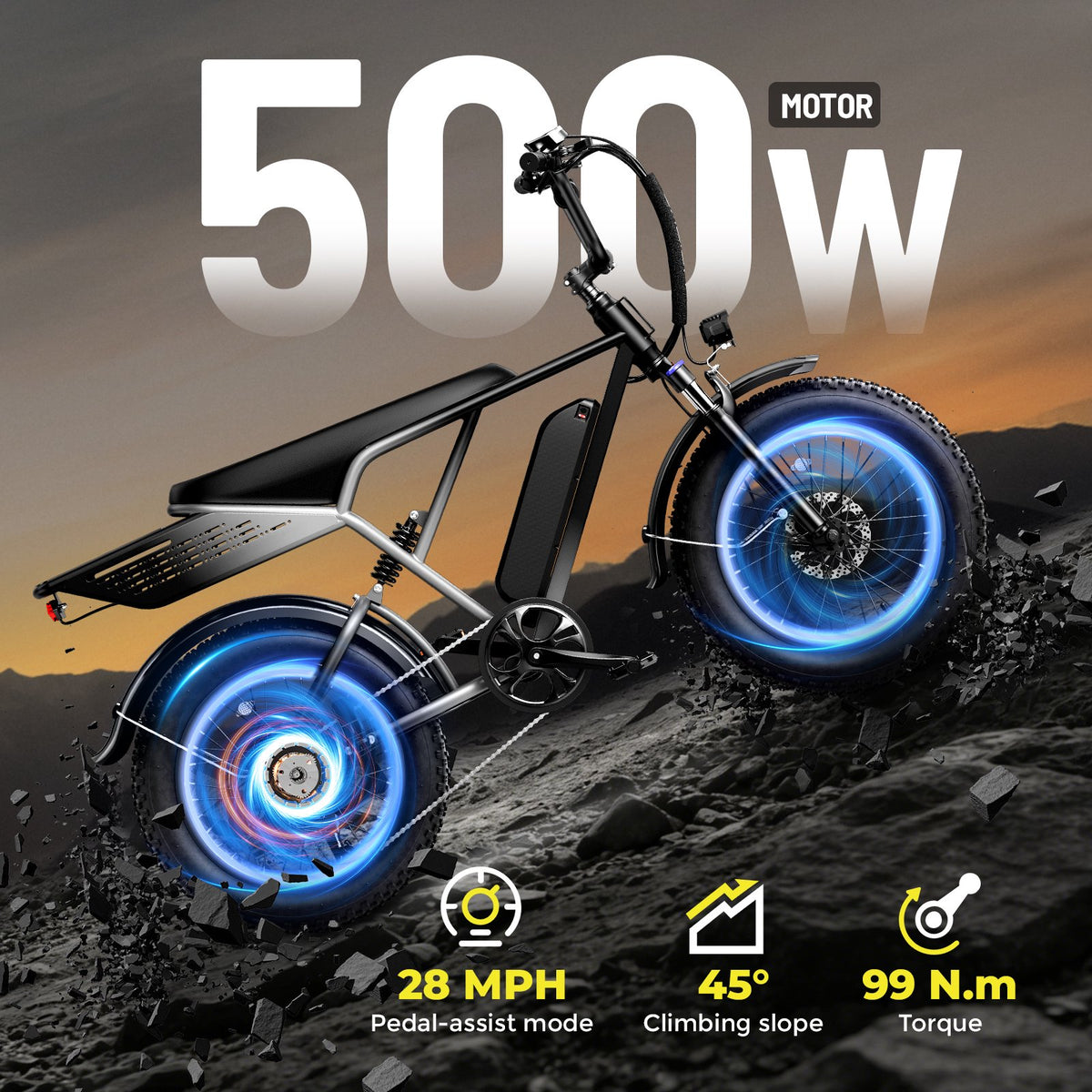 YareYi Electric Bike for Adults, 500W E-Mountain Bicycle, 20"x4" Fat Tire Ebike with Speedometer, 48V 624Wh Removable Battery 70Miles Range, 7 Speed and Full Suspension UL2849