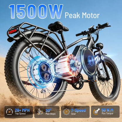 YareYi Electric Bike for Adults 26", 2000W Peak E-Mountain Bicycle, 28MPH Fat Tire Ebike, 48V 15Ah Removable Battery, 7 Speed and Front Suspension with Rear Rack UL2849