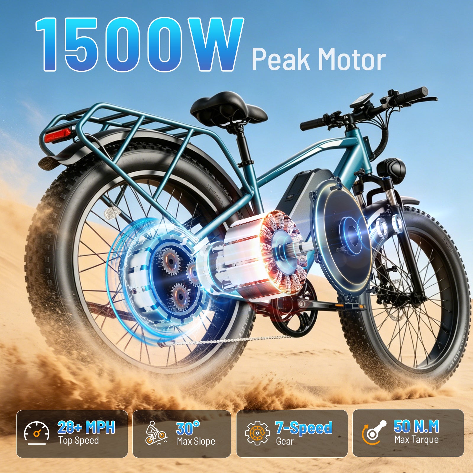 YareYi Electric Bike for Adults 26", 2000W Peak E-Mountain Bicycle, 28MPH Fat Tire Ebike, 48V 15Ah Removable Battery, 7 Speed and Front Suspension with Rear Rack UL2849