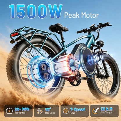 YareYi Electric Bike for Adults 26", 2000W Peak E-Mountain Bicycle, 28MPH Fat Tire Ebike, 48V 15Ah Removable Battery, 7 Speed and Front Suspension with Rear Rack UL2849