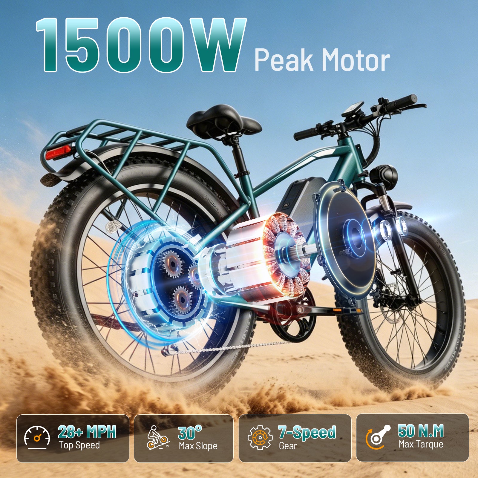 YareYi Electric Bike for Adults 26", 2000W Peak E-Mountain Bicycle, 28MPH Fat Tire Ebike, 48V 15Ah Removable Battery, 7 Speed and Front Suspension with Rear Rack UL2849