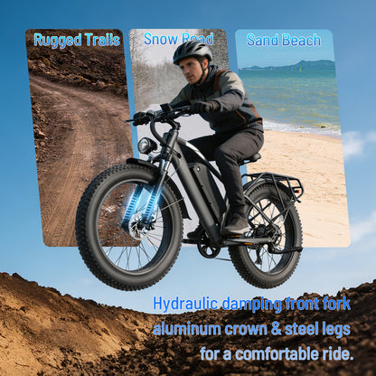 YareYi Electric Bike for Adults 26", 2000W Peak E-Mountain Bicycle, 28MPH Fat Tire Ebike, 48V 15Ah Removable Battery, 7 Speed and Front Suspension with Rear Rack UL2849