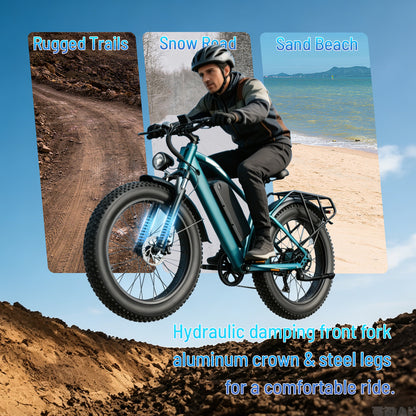 YareYi Electric Bike for Adults 26", 2000W Peak E-Mountain Bicycle, 28MPH Fat Tire Ebike, 48V 15Ah Removable Battery, 7 Speed and Front Suspension with Rear Rack UL2849